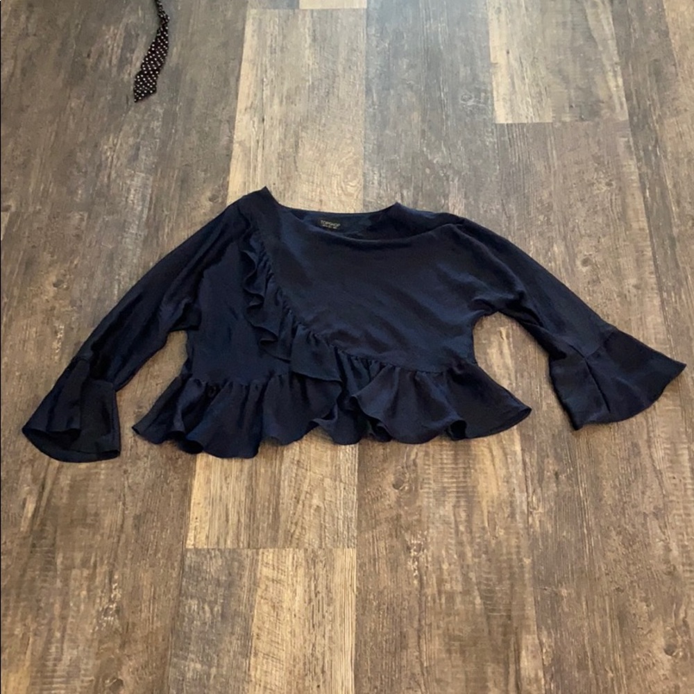 Topshop Navy Ruffle Blouse